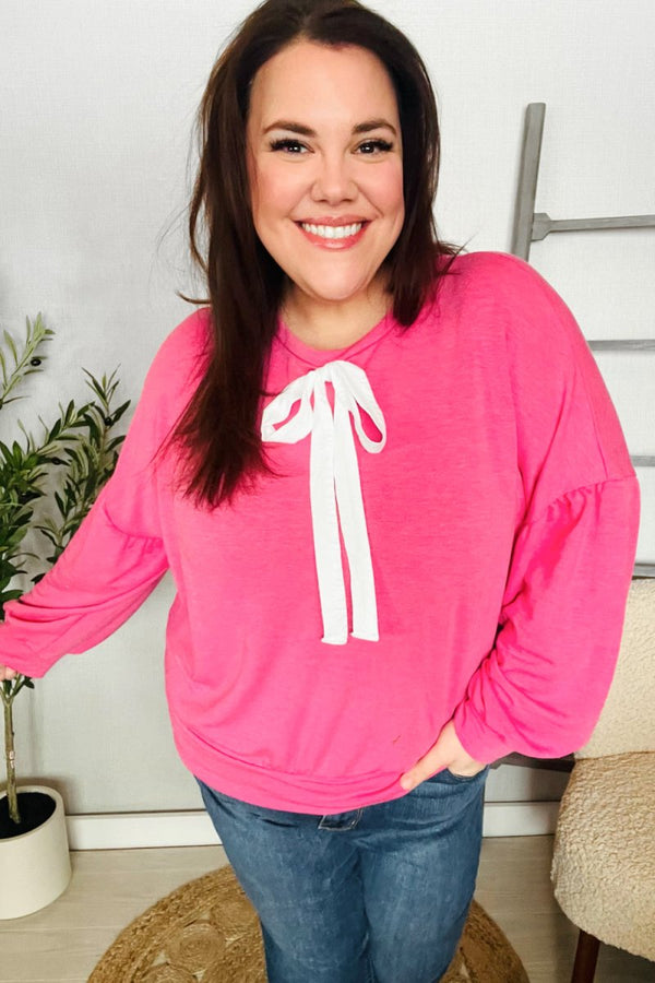 Pretty In Pink French Terry Bow Tie Drop Shoulder Pullover - Coeur de la Mode