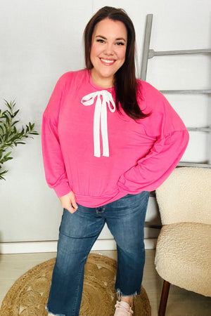 Pretty In Pink French Terry Bow Tie Drop Shoulder Pullover - Coeur de la Mode