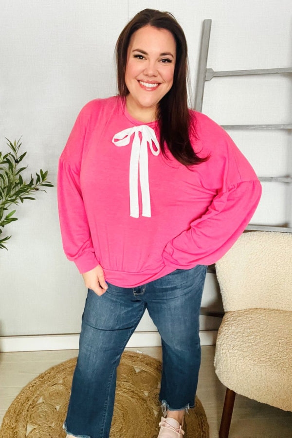 Pretty In Pink French Terry Bow Tie Drop Shoulder Pullover - Coeur de la Mode