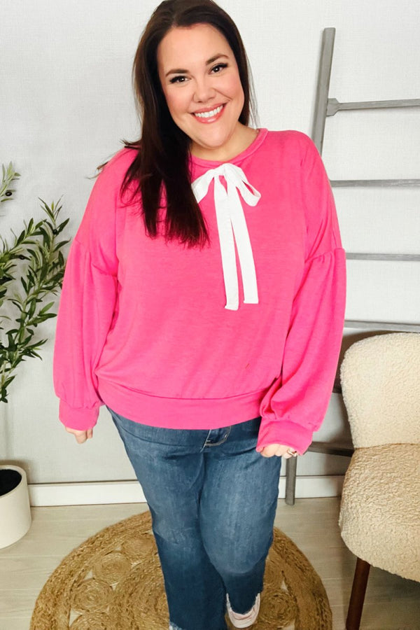 Pretty In Pink French Terry Bow Tie Drop Shoulder Pullover - Coeur de la Mode