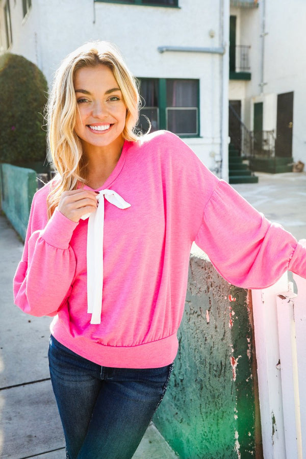 Pretty In Pink French Terry Bow Tie Drop Shoulder Pullover - Coeur de la Mode