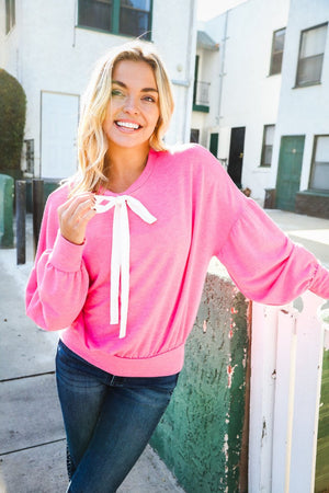 Pretty In Pink French Terry Bow Tie Drop Shoulder Pullover - Coeur de la Mode