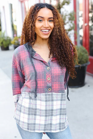 Pretty in Plaid Brushed Hacci Color Block Hoodie - Coeur de la Mode