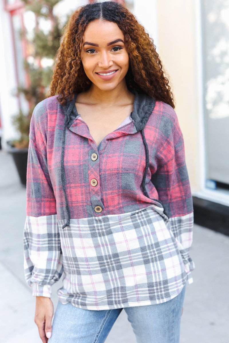 Pretty in Plaid Brushed Hacci Color Block Hoodie - Coeur de la Mode