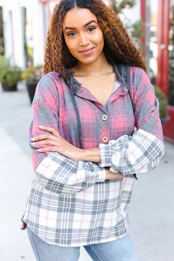 Pretty in Plaid Brushed Hacci Color Block Hoodie - Coeur de la Mode