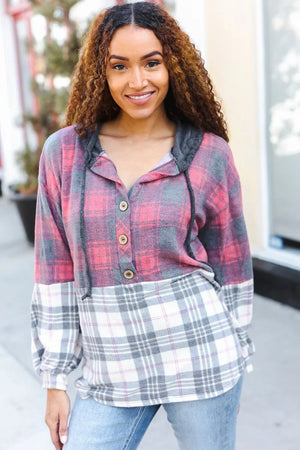 Pretty in Plaid Brushed Hacci Color Block Hoodie - Coeur de la Mode