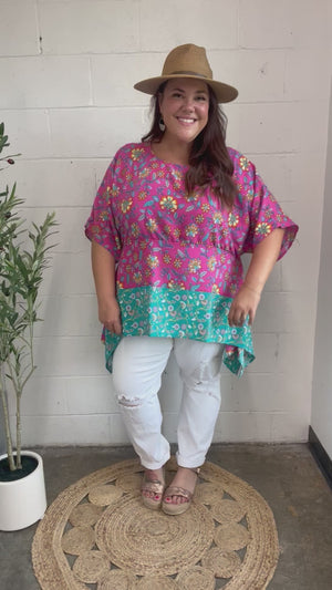 Vacay Ready Fuchsia Paisley Floral Dolman Sleeve Shark Bite Top