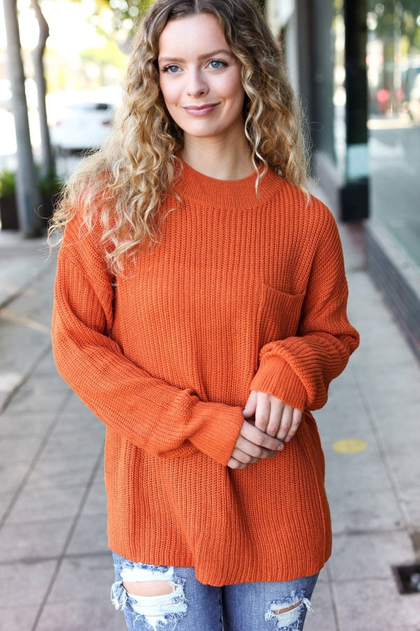 Pumpkin Spice Mock Neck Chest Pocket Knit Sweater - Coeur de la Mode