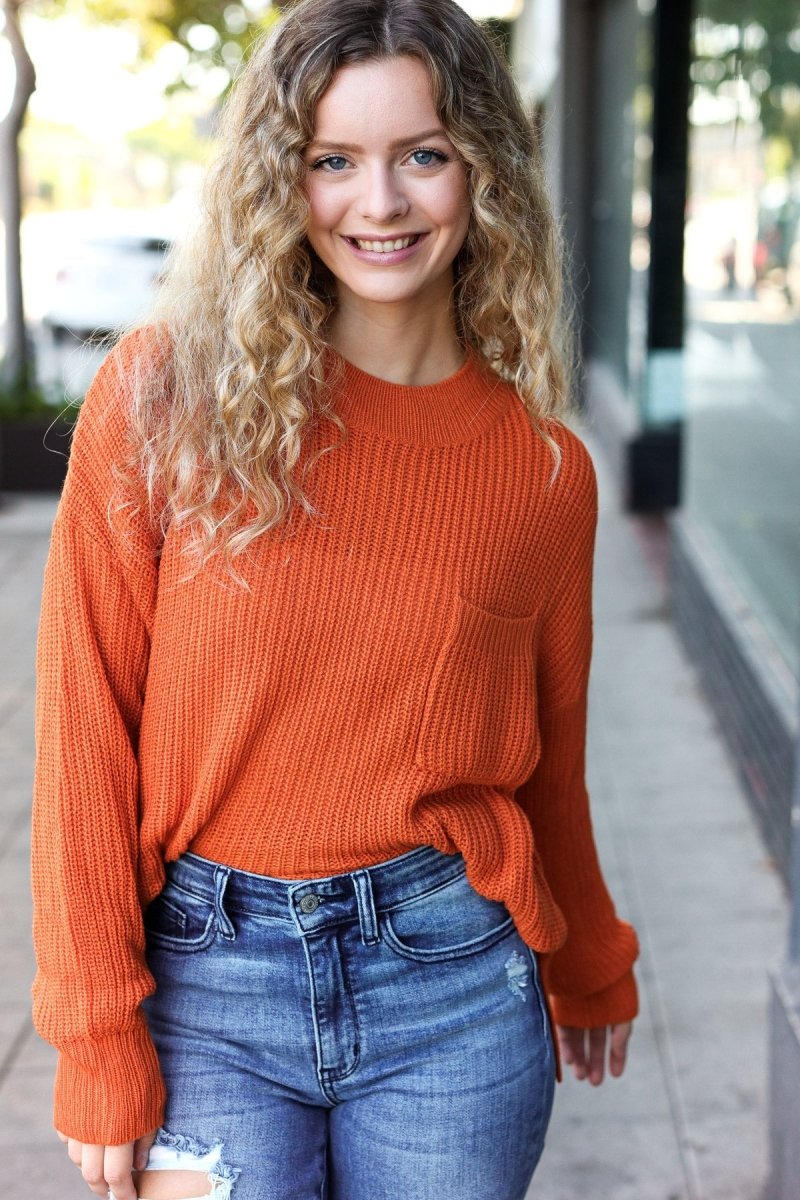 Pumpkin Spice Mock Neck Chest Pocket Knit Sweater - Coeur de la Mode