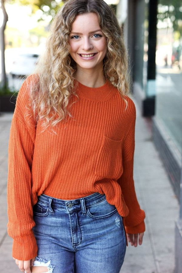 Pumpkin Spice Mock Neck Chest Pocket Knit Sweater - Coeur de la Mode