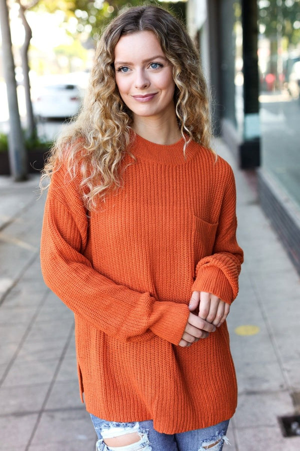 Pumpkin Spice Mock Neck Chest Pocket Knit Sweater - Coeur de la Mode