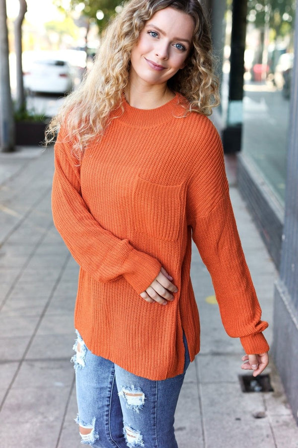 Pumpkin Spice Mock Neck Chest Pocket Knit Sweater - Coeur de la Mode