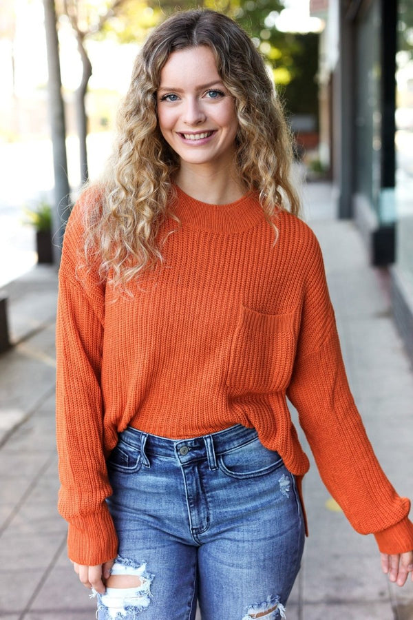 Pumpkin Spice Mock Neck Chest Pocket Knit Sweater - Coeur de la Mode