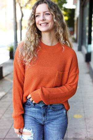 Pumpkin Spice Mock Neck Chest Pocket Knit Sweater - Coeur de la Mode