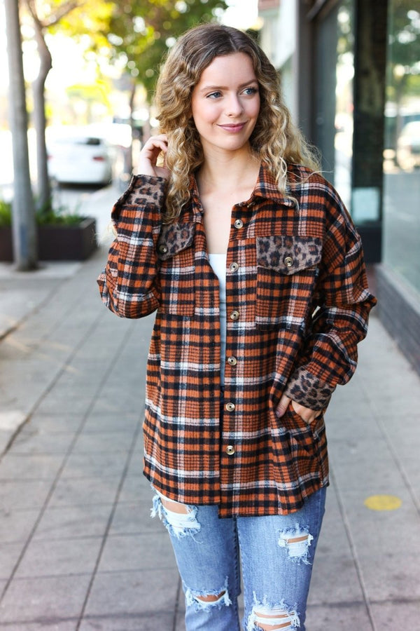 Put Together Rust Plaid & Animal Print Button Down Jacket - Coeur de la Mode
