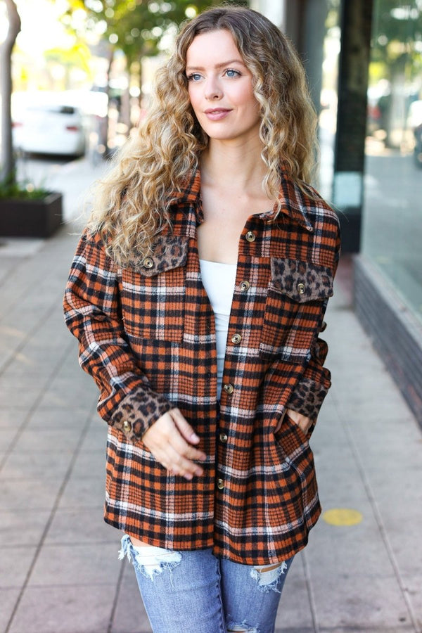 Put Together Rust Plaid & Animal Print Button Down Jacket - Coeur de la Mode
