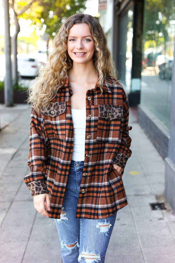 Put Together Rust Plaid & Animal Print Button Down Jacket - Coeur de la Mode