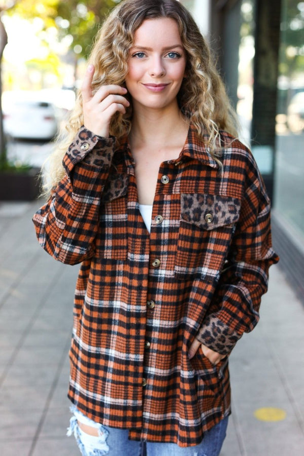 Put Together Rust Plaid & Animal Print Button Down Jacket - Coeur de la Mode