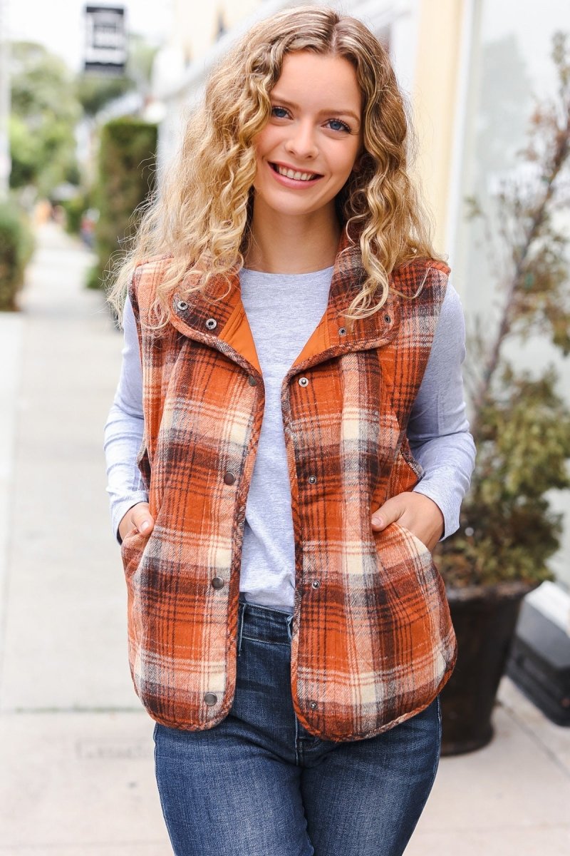 Put Together Rust Taupe Plaid Snap Button Quilted Puffer Vest - Coeur de la Mode