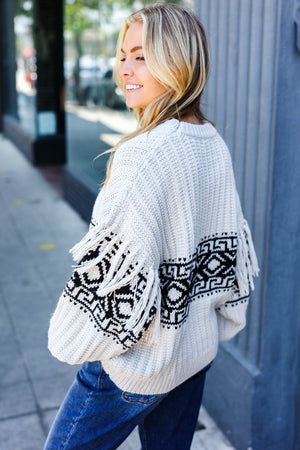 Ready For Anything Taupe & Black Tassel Aztec Sweater - Coeur de la Mode