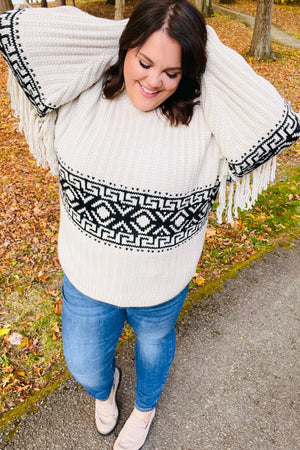 Ready For Anything Taupe & Black Tassel Aztec Sweater - Coeur de la Mode
