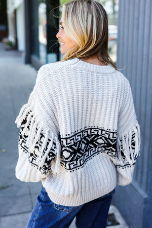 Ready For Anything Taupe & Black Tassel Aztec Sweater - Coeur de la Mode