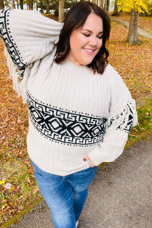 Ready For Anything Taupe & Black Tassel Aztec Sweater - Coeur de la Mode