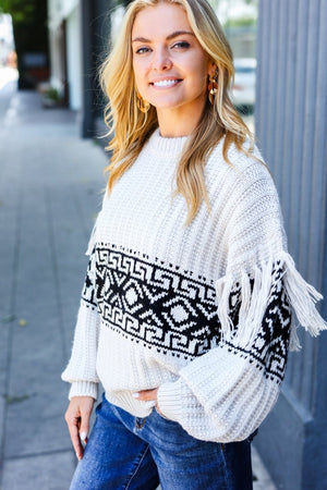 Ready For Anything Taupe & Black Tassel Aztec Sweater - Coeur de la Mode