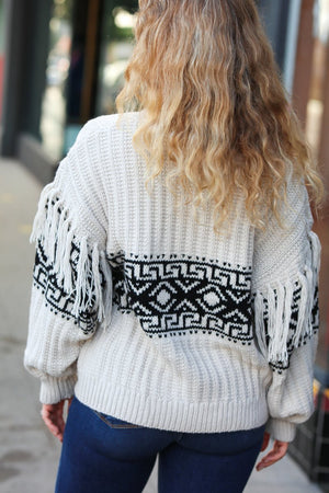 Ready For Anything Taupe & Black Tassel Aztec Sweater - Coeur de la Mode