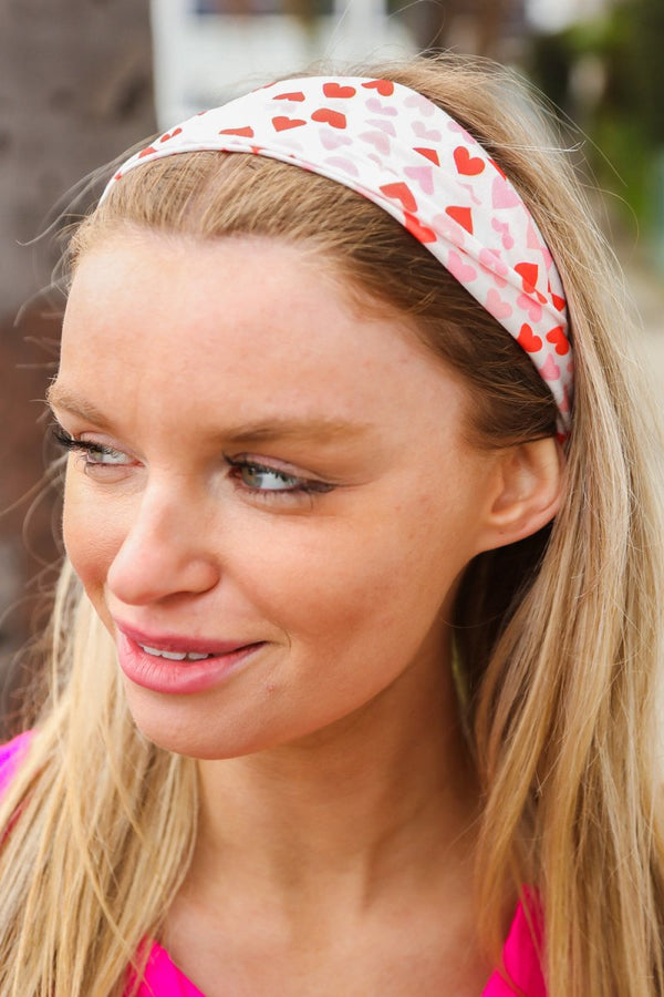 Red & Pink Heart Print Stretchy Twist Headband - Coeur de la Mode