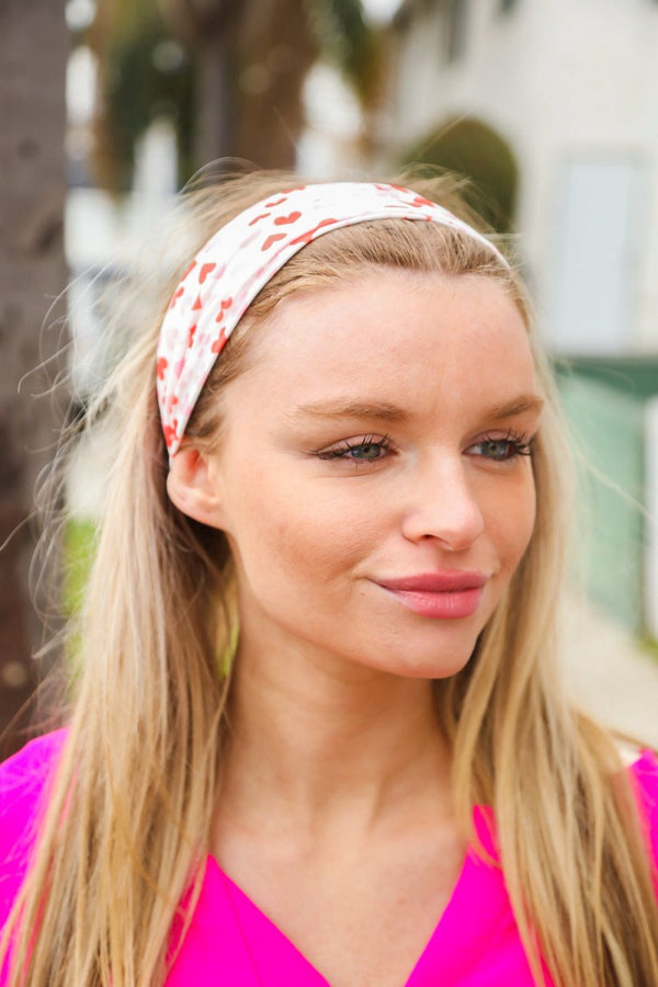 Red & Pink Heart Print Stretchy Twist Headband - Coeur de la Mode