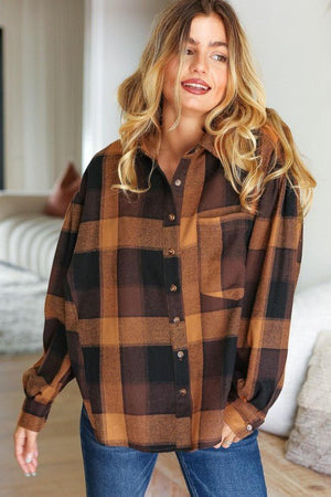 Rock'n Plaid Camel & Charcoal Button Down Oversized Shirt - Coeur de la Mode