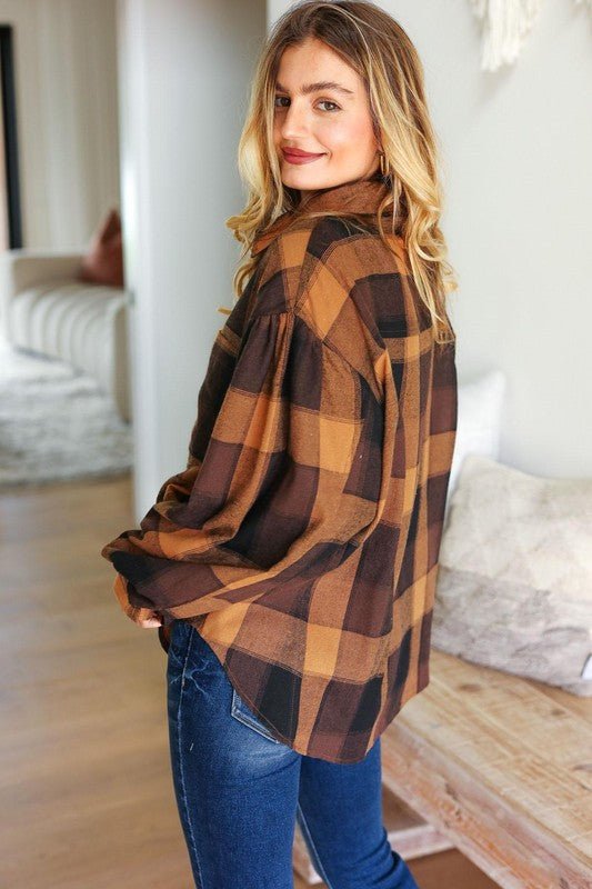 Rock'n Plaid Camel & Charcoal Button Down Oversized Shirt - Coeur de la Mode