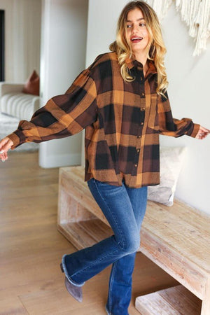 Rock'n Plaid Camel & Charcoal Button Down Oversized Shirt - Coeur de la Mode