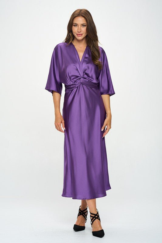 Satin Stretch Solid Dress with Front Twist - Coeur de la Mode