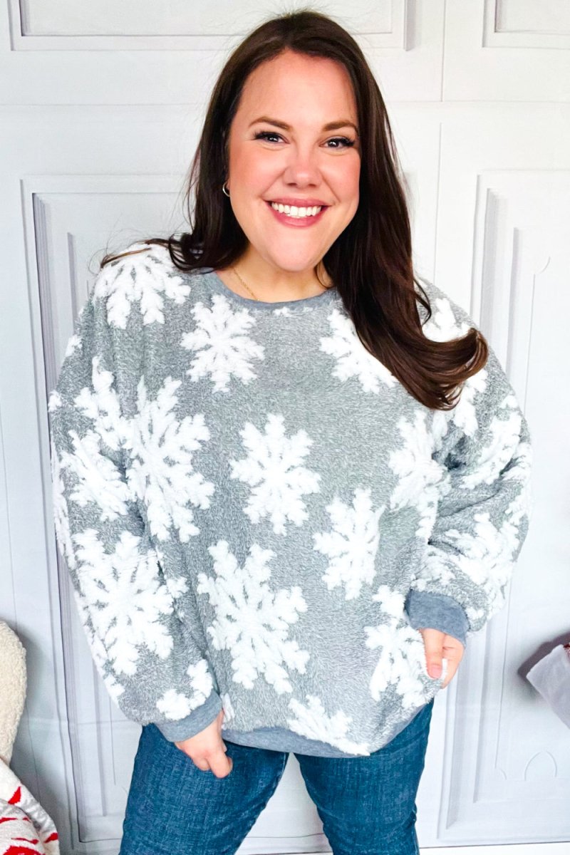 Season Greetings Silver Puffy Snowflake Sherpa Pullover - Coeur de la Mode