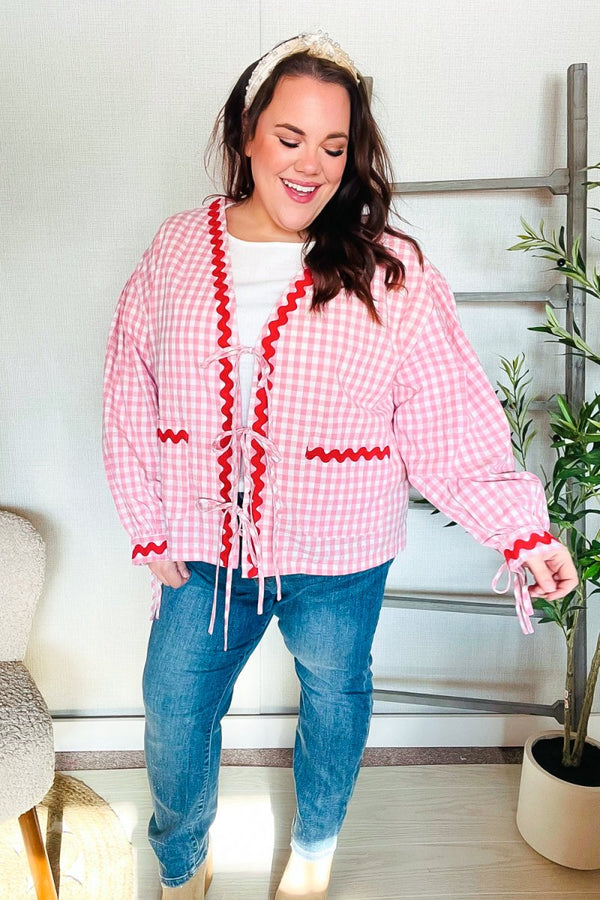 Spell Bound Red & Pink Cotton Ribbon Tie Gingham Pocket Jacket - Coeur de la Mode