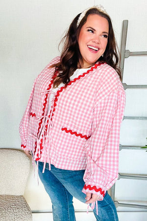 Spell Bound Red & Pink Cotton Ribbon Tie Gingham Pocket Jacket - Coeur de la Mode