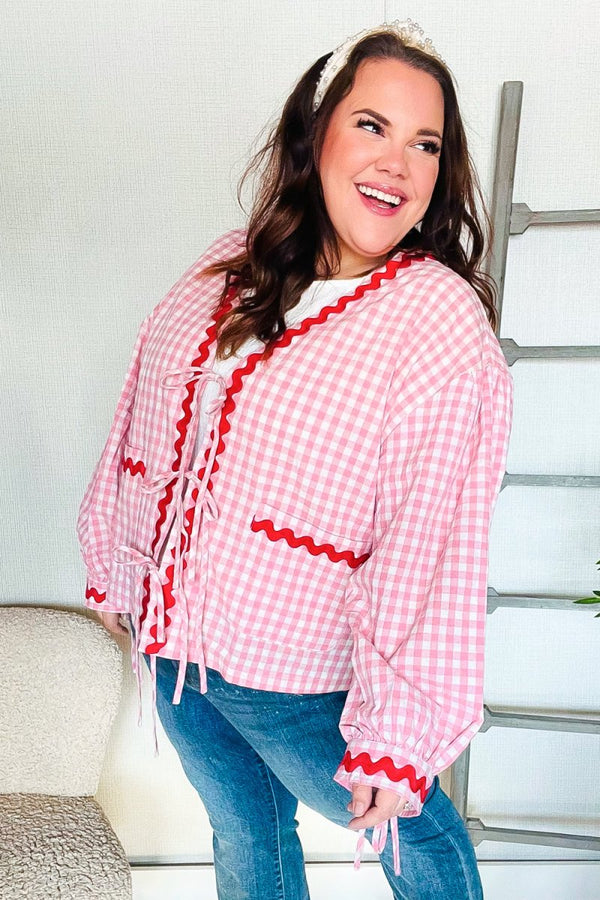 Spell Bound Red & Pink Cotton Ribbon Tie Gingham Pocket Jacket - Coeur de la Mode