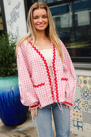 Spell Bound Red & Pink Cotton Ribbon Tie Gingham Pocket Jacket - Coeur de la Mode