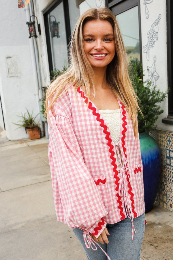 Spell Bound Red & Pink Cotton Ribbon Tie Gingham Pocket Jacket - Coeur de la Mode