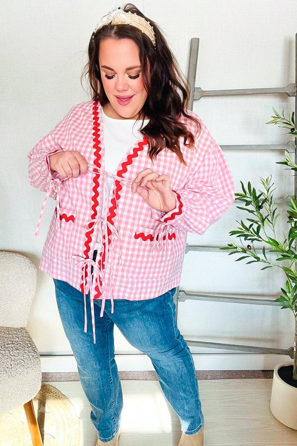 Spell Bound Red & Pink Cotton Ribbon Tie Gingham Pocket Jacket - Coeur de la Mode