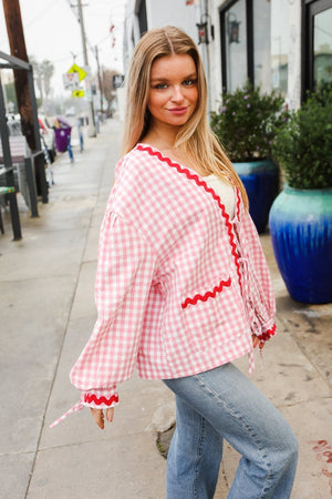 Spell Bound Red & Pink Cotton Ribbon Tie Gingham Pocket Jacket - Coeur de la Mode