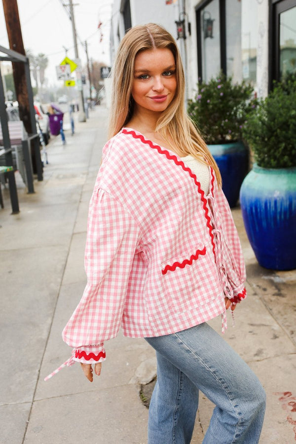 Spell Bound Red & Pink Cotton Ribbon Tie Gingham Pocket Jacket - Coeur de la Mode
