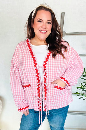 Spell Bound Red & Pink Cotton Ribbon Tie Gingham Pocket Jacket - Coeur de la Mode