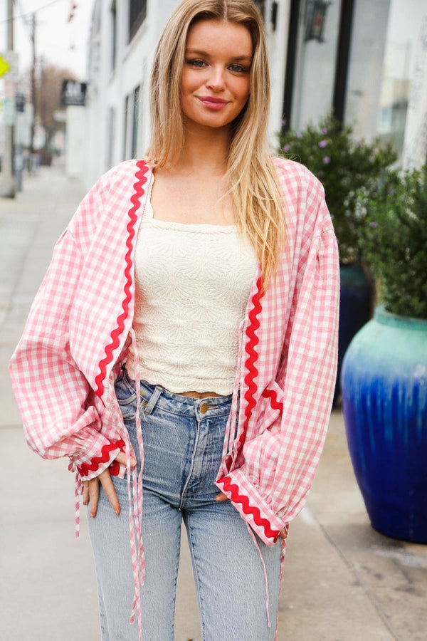 Spell Bound Red & Pink Cotton Ribbon Tie Gingham Pocket Jacket - Coeur de la Mode