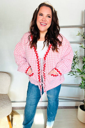 Spell Bound Red & Pink Cotton Ribbon Tie Gingham Pocket Jacket - Coeur de la Mode