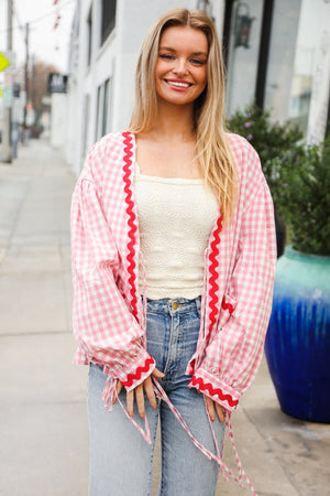 Spell Bound Red & Pink Cotton Ribbon Tie Gingham Pocket Jacket - Coeur de la Mode