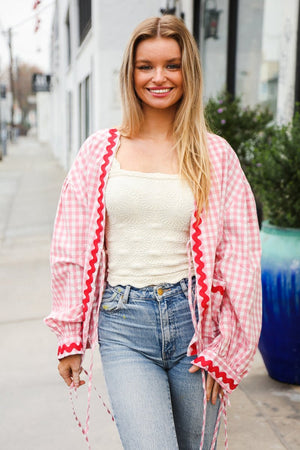 Spell Bound Red & Pink Cotton Ribbon Tie Gingham Pocket Jacket - Coeur de la Mode
