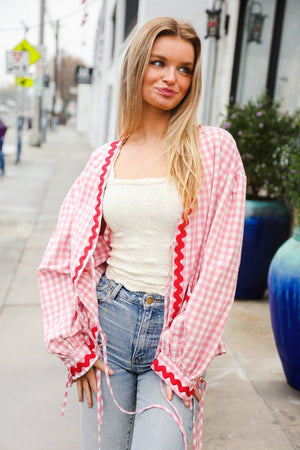 Spell Bound Red & Pink Cotton Ribbon Tie Gingham Pocket Jacket - Coeur de la Mode
